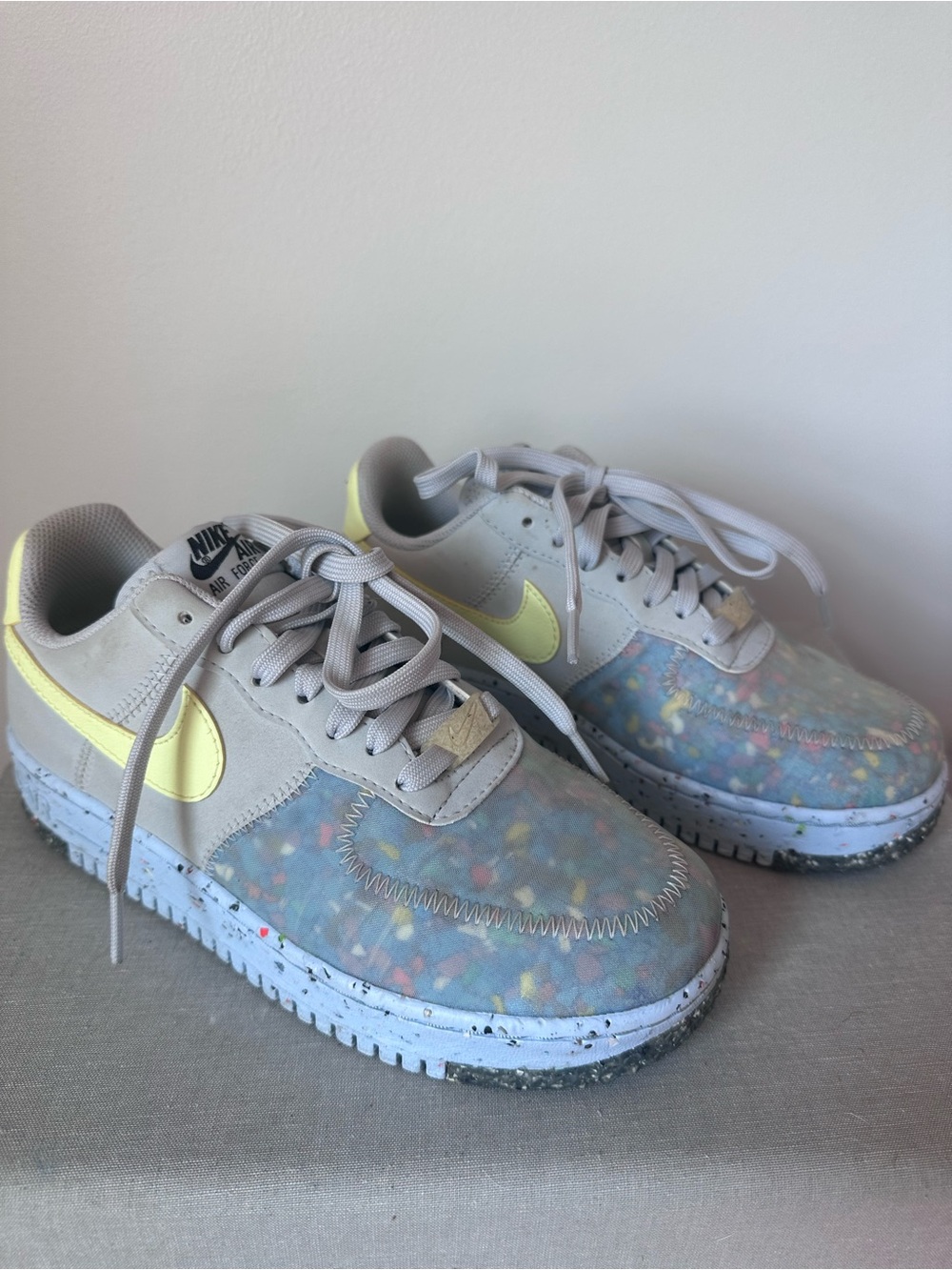Nike Women's Air Force 1 Crater Sneakers in Light Gray with Pale Yellow Swoosh